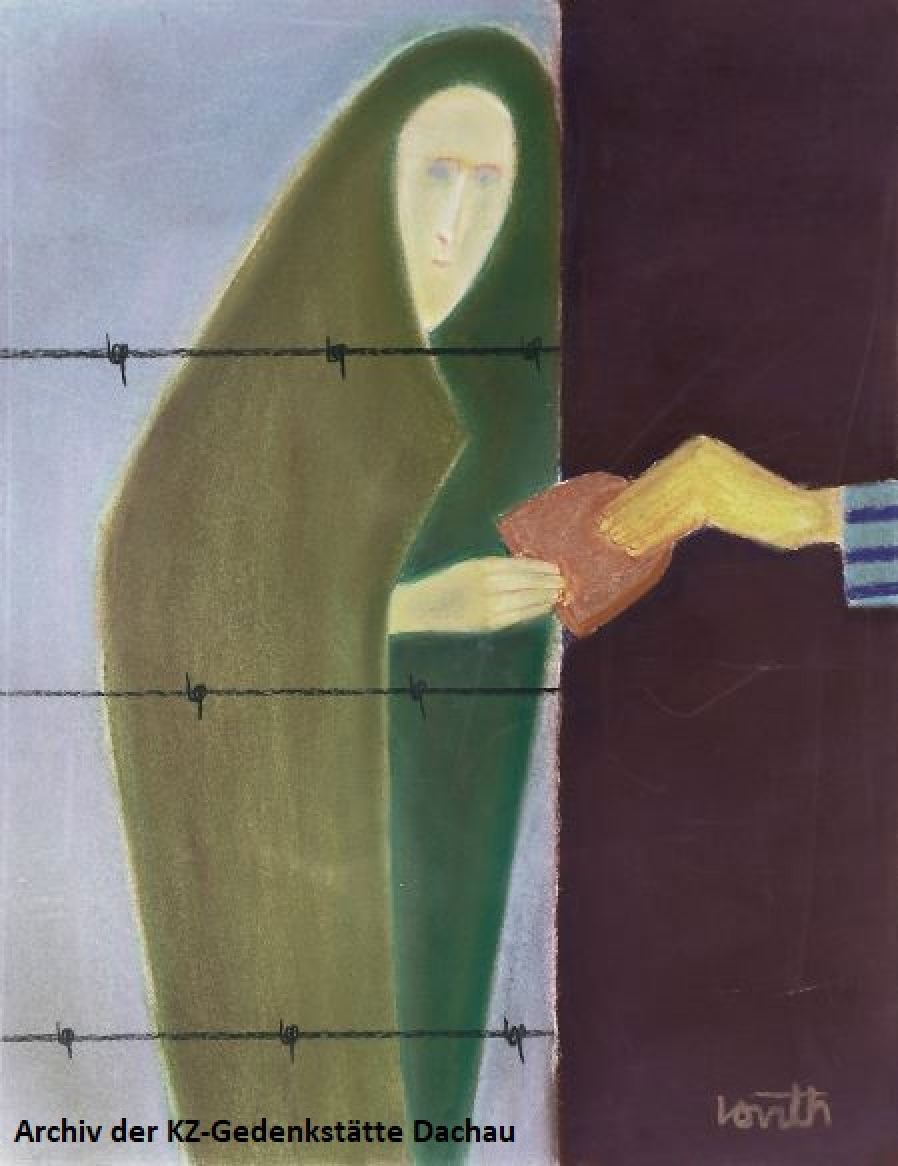 A female prisoner is wrapped in a blanket and stands by a barbed wire fence. A hand protrudes from the sleeve of a prisoner uniform to pass a slice of bread through the fence.